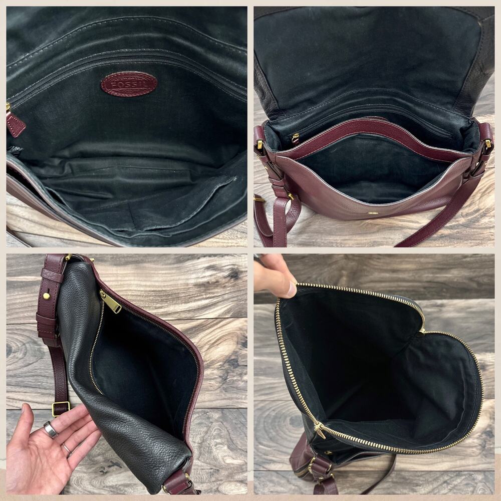 Fossil Leather Zipper Crossbody Shoulder Satchel Saddle Bag Black Burgundy - Picture 14 of 14